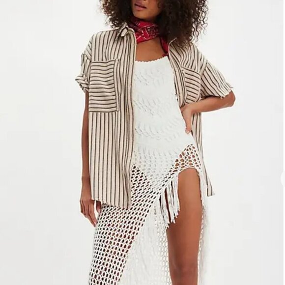 #2 NWT Free People Christopher Linen Shirt in Ivory Combo - Picture 3 of 6